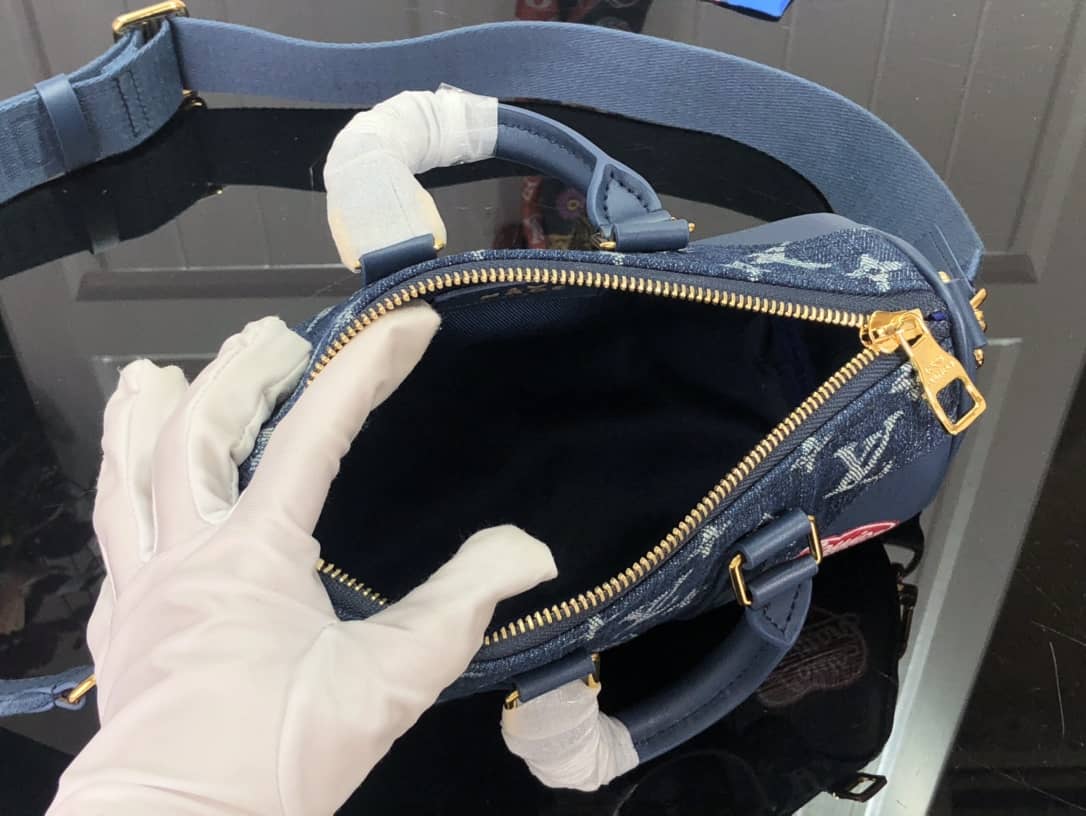 L0vis Vvtt0n x Nigo Keepall XS Leather Monogram Denim Bag Replica Blue M81011