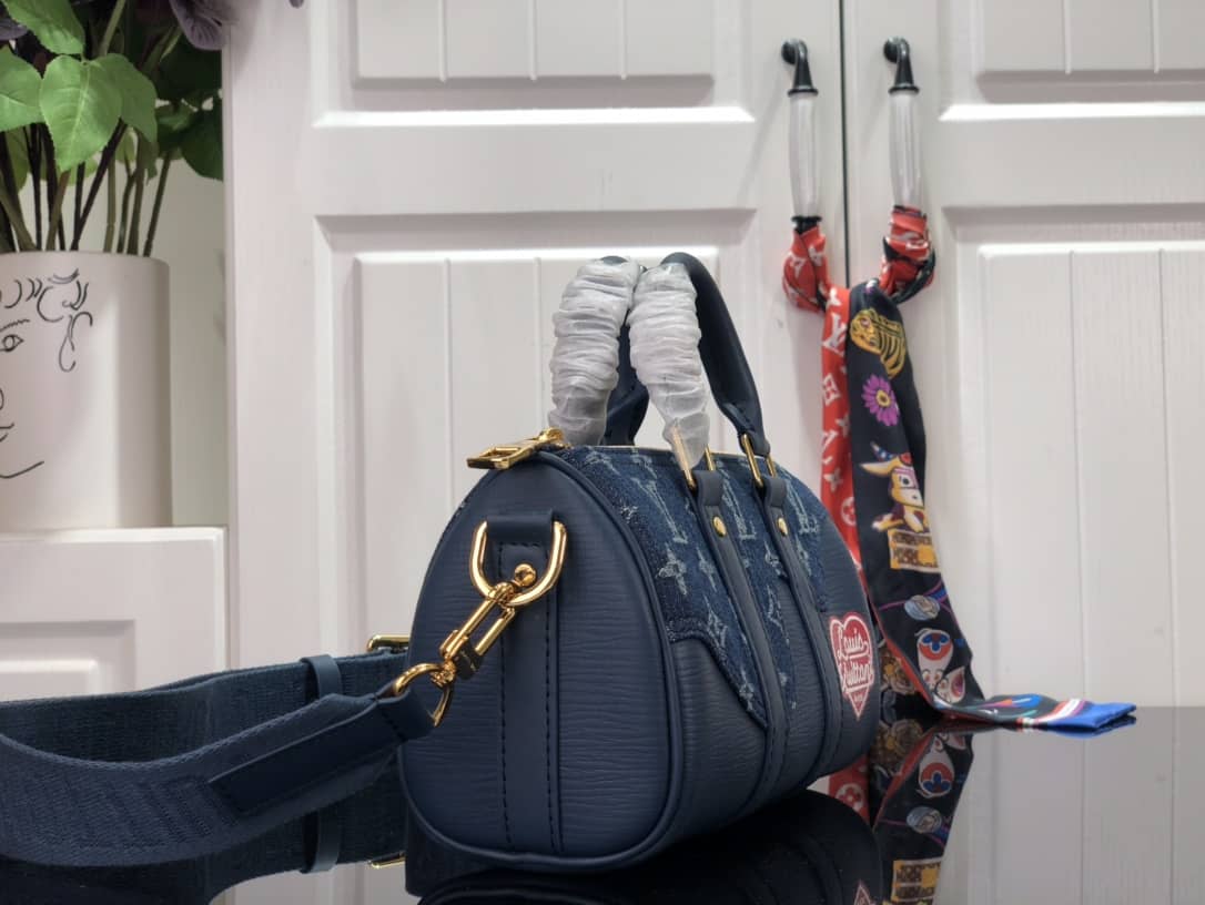 L0vis Vvtt0n x Nigo Keepall XS Leather Monogram Denim Bag Replica Blue M81011