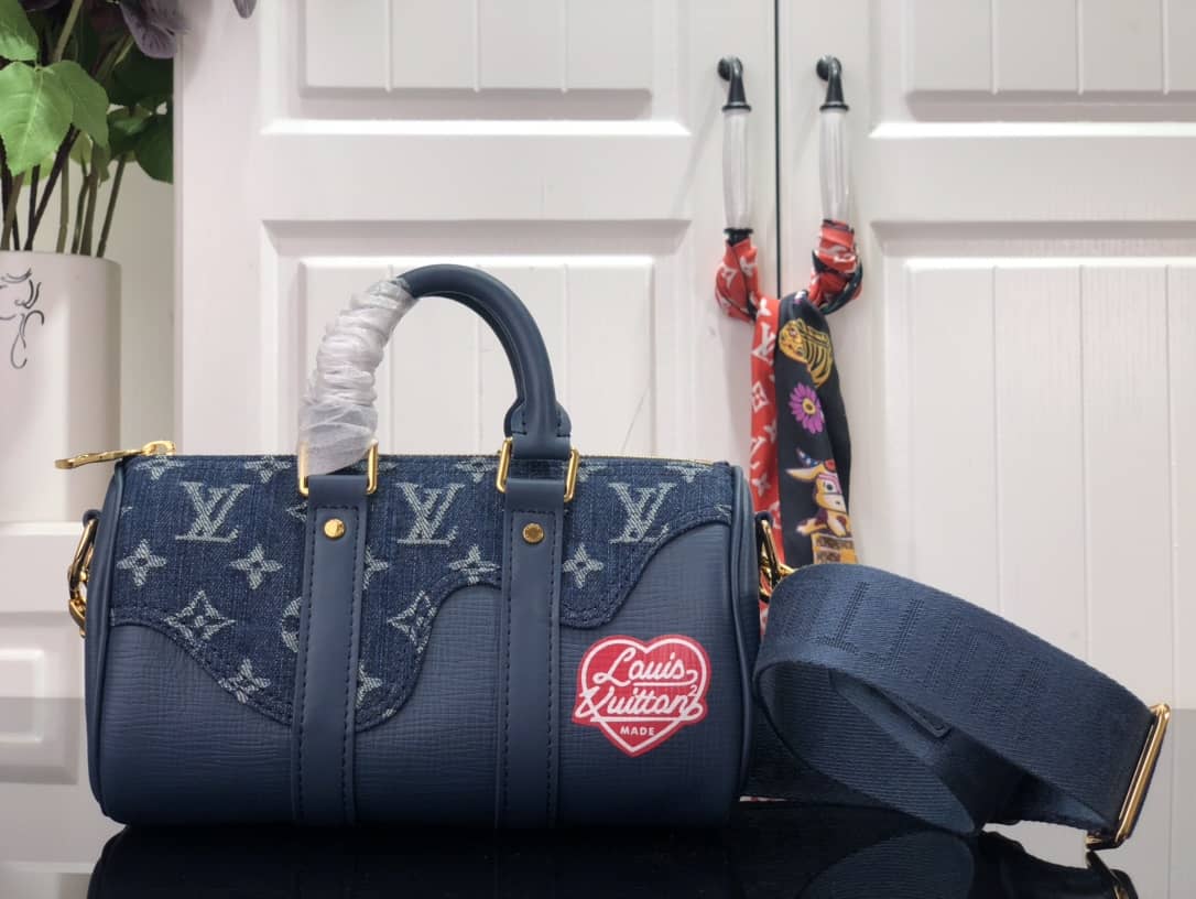 L0vis Vvtt0n x Nigo Keepall XS Leather Monogram Denim Bag Replica Blue M81011