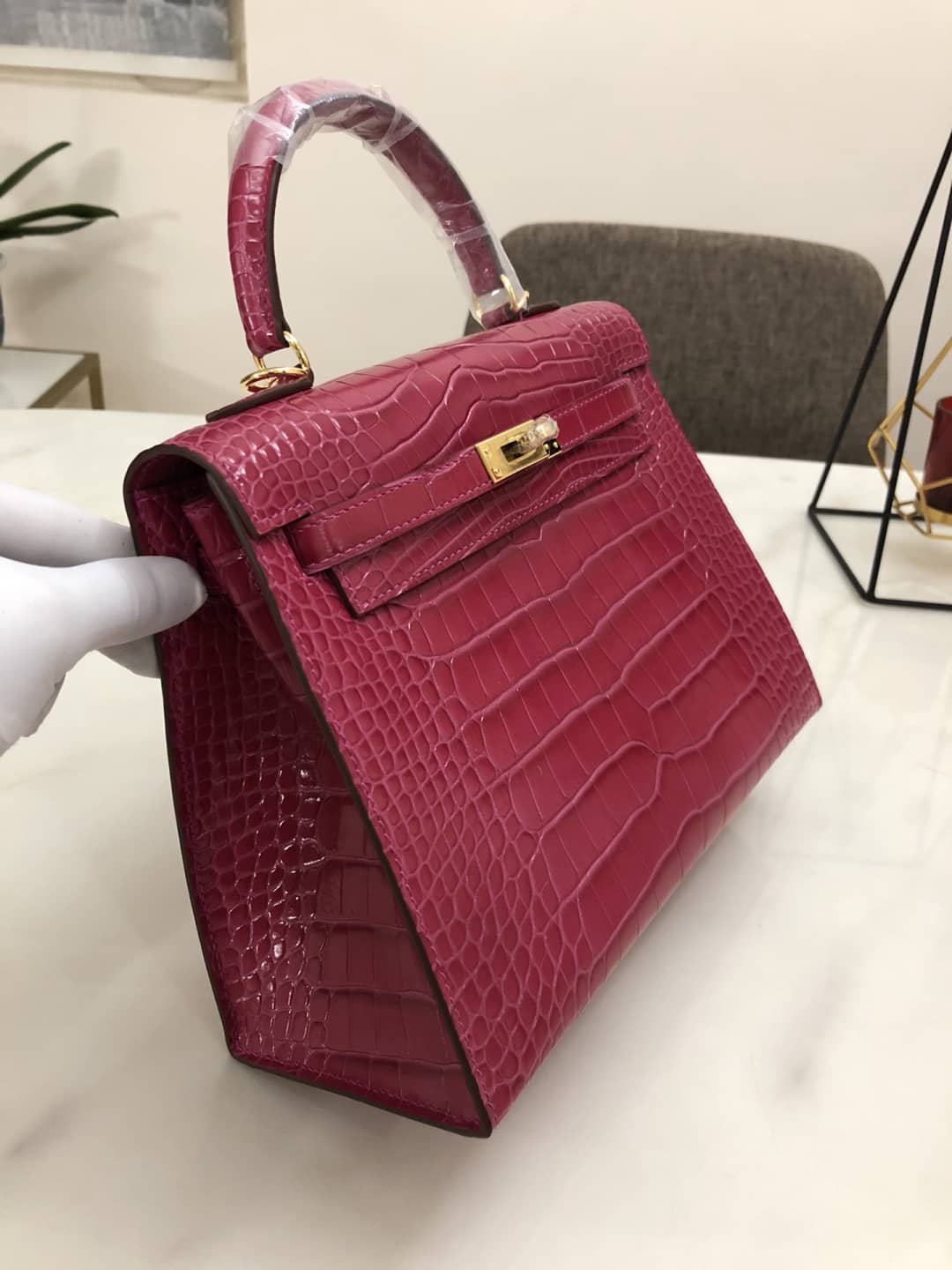 H**me5 Kelly Dupe 25CM Crocodile Shiny Replica Bag