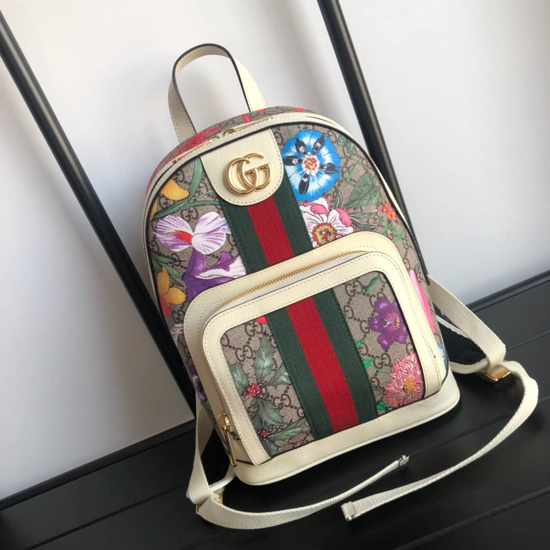 Gvc*1 Ophidia Flora Small GG Svp*me Canvas Replica Backpack Beige 547965