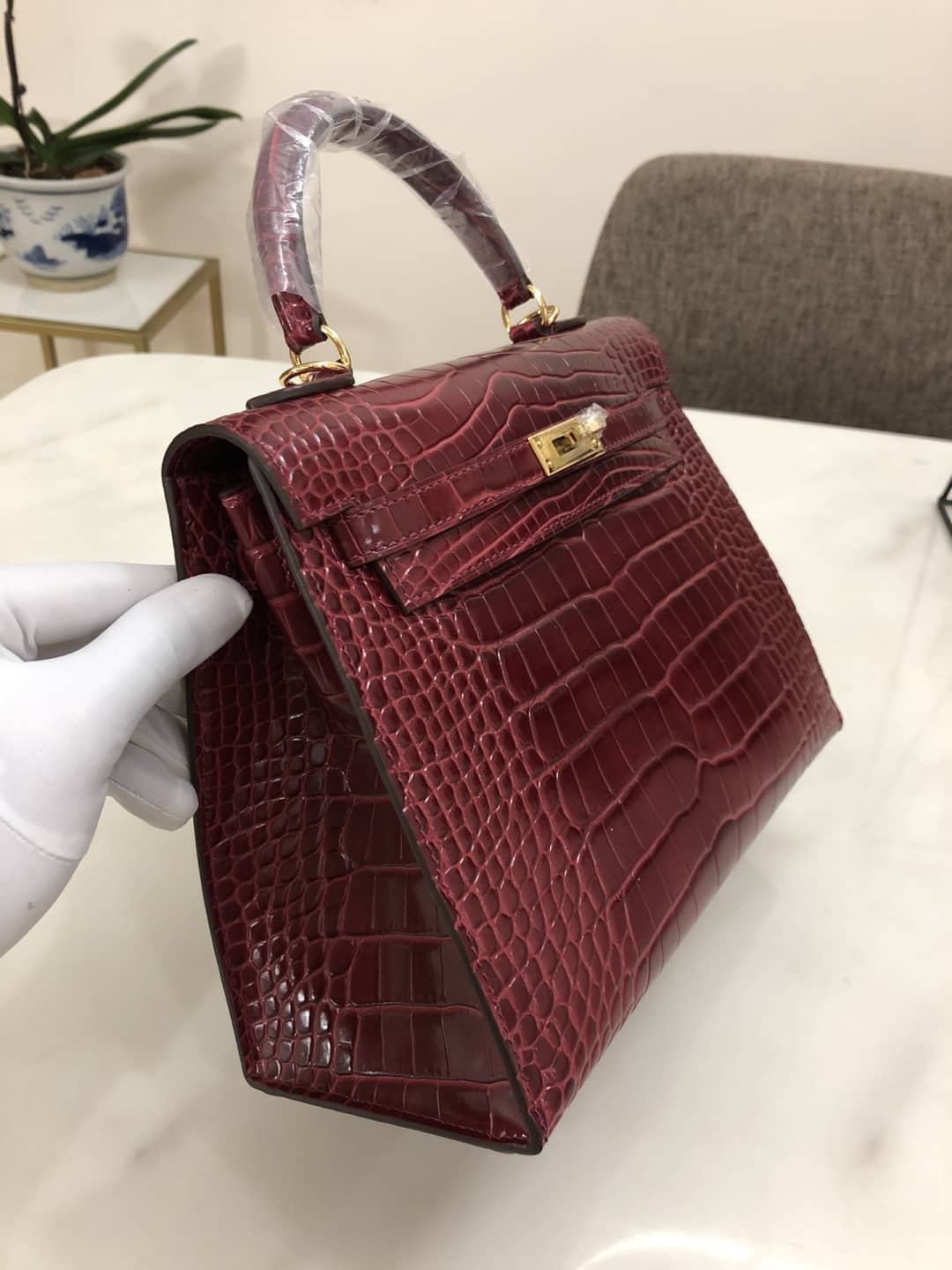 H**me5 Kelly Dupe 25CM Crocodile Shiny Replica Bag