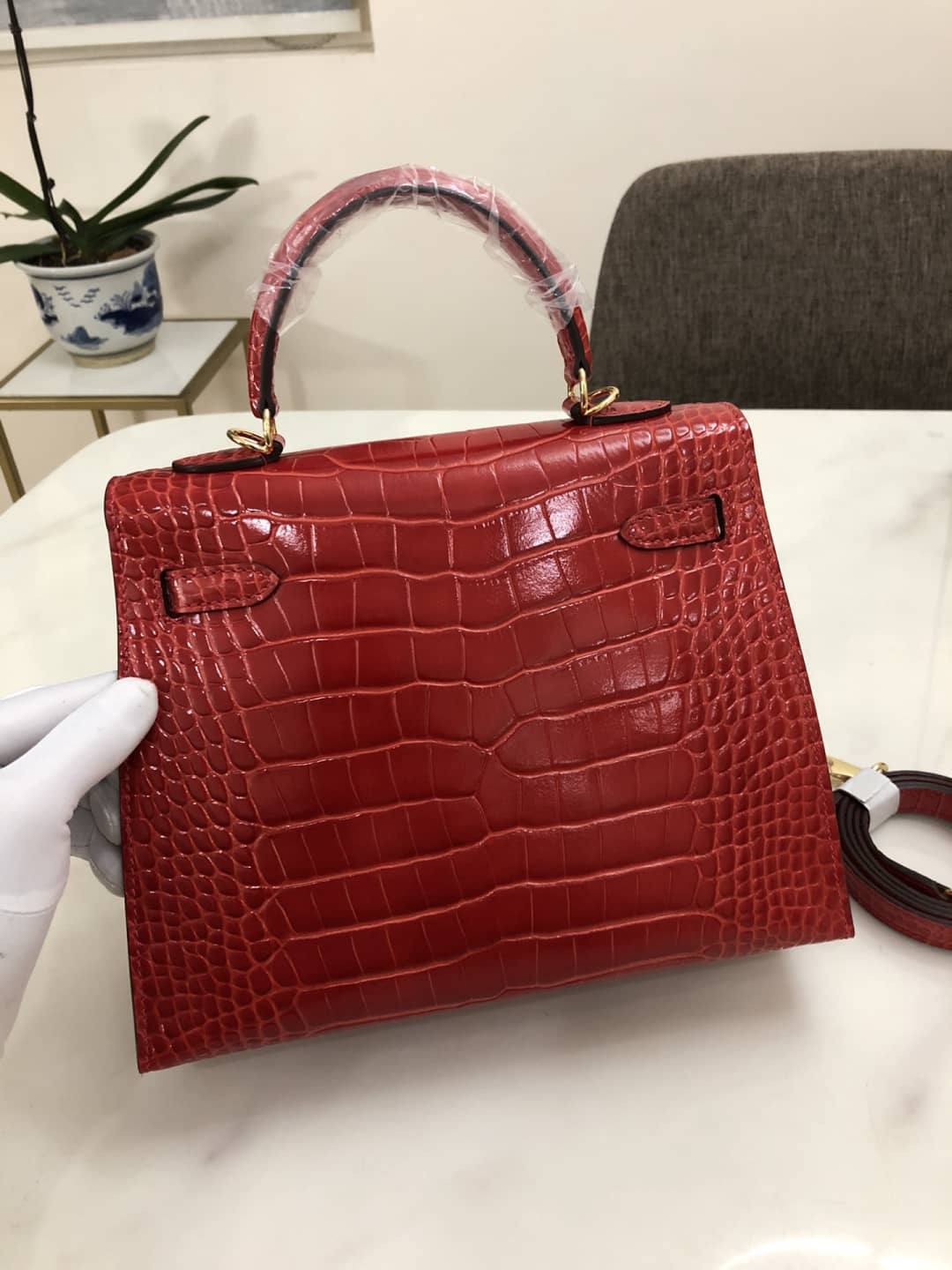 H**me5 Kelly Dupe 25CM Crocodile Shiny Replica Bag