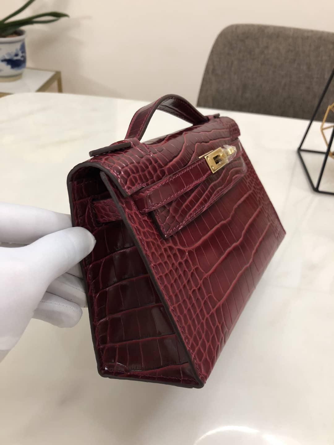 H**me5 Kelly Dupe 22CM Crocodile Shiny Replica Bag