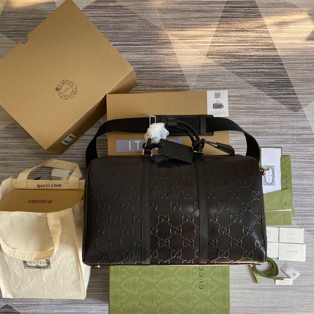 Gvc*1 GG Embossed Perforated Leather Duffle Bag Replica Black 625768