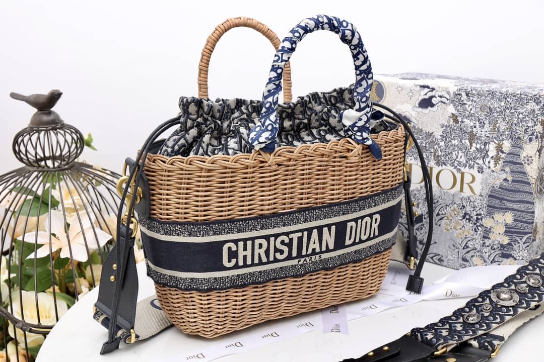 Chr1st1an D10r Wicker Bucket Bagblue Oblique