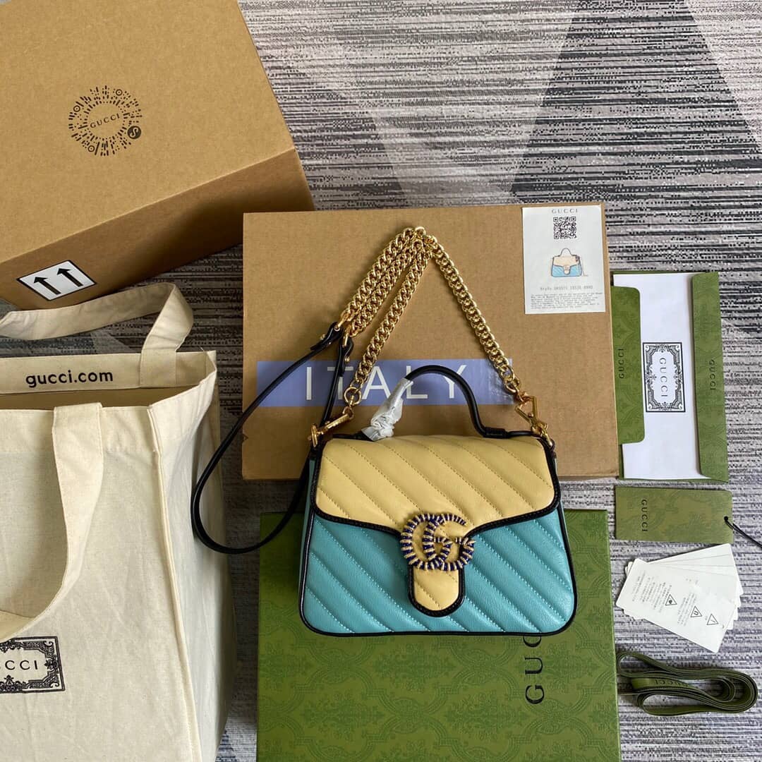 Gvc*1 GG Marmont Mini Top Handle Bag Replica Blue Yellow 583571