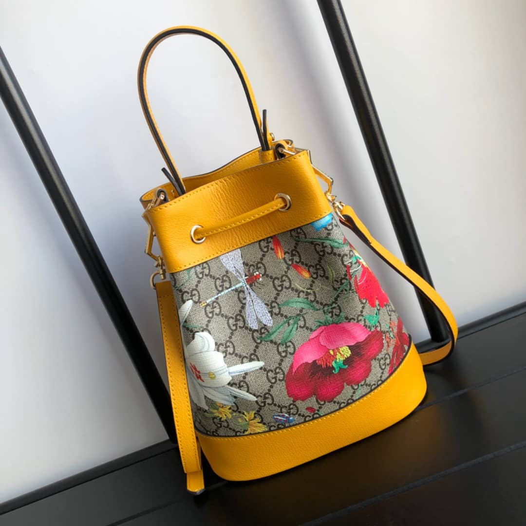 Gvc*1 Ophidia GG Flora Pattern Small Bucket Bag Replica Yellow 550621