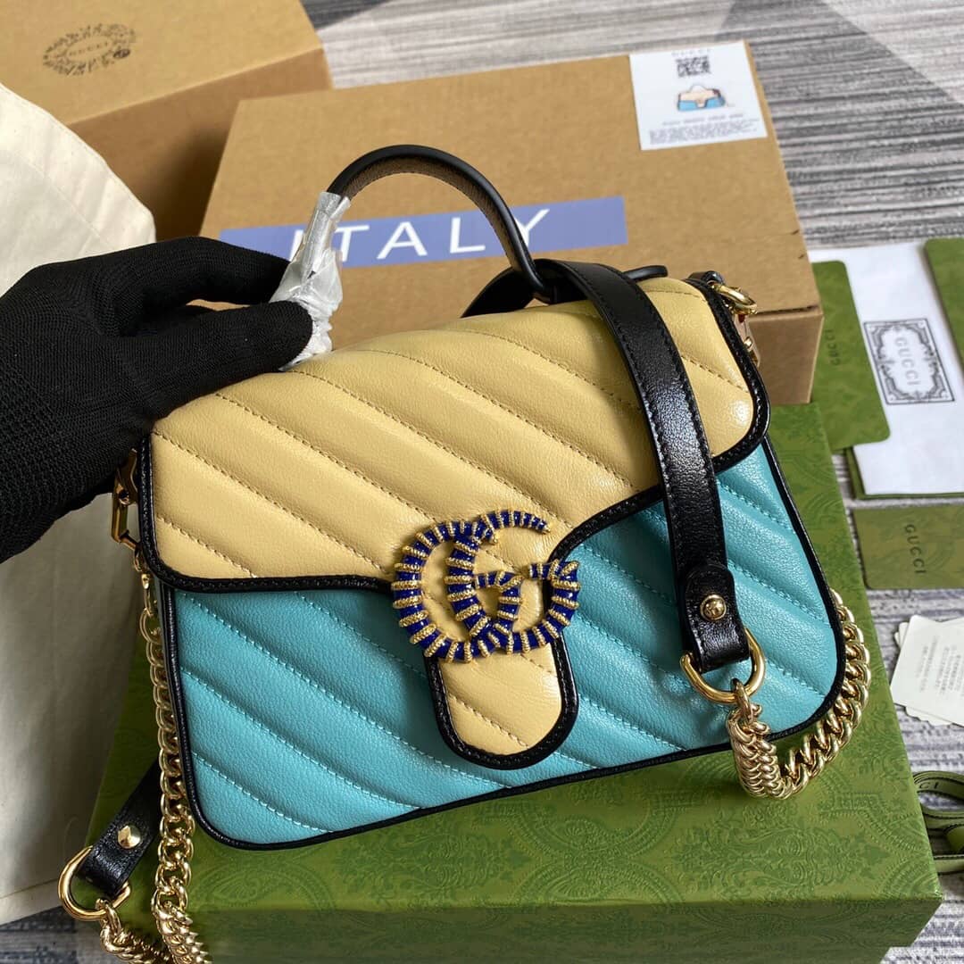 Gvc*1 GG Marmont Mini Top Handle Bag Replica Blue Yellow 583571