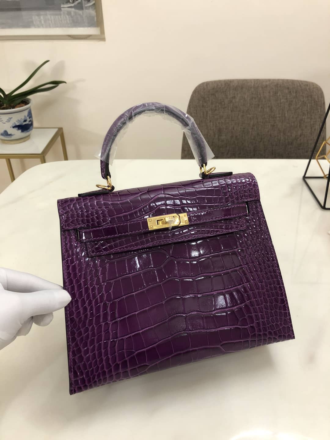H**me5 Kelly Dupe 25CM Crocodile Shiny Replica Bag
