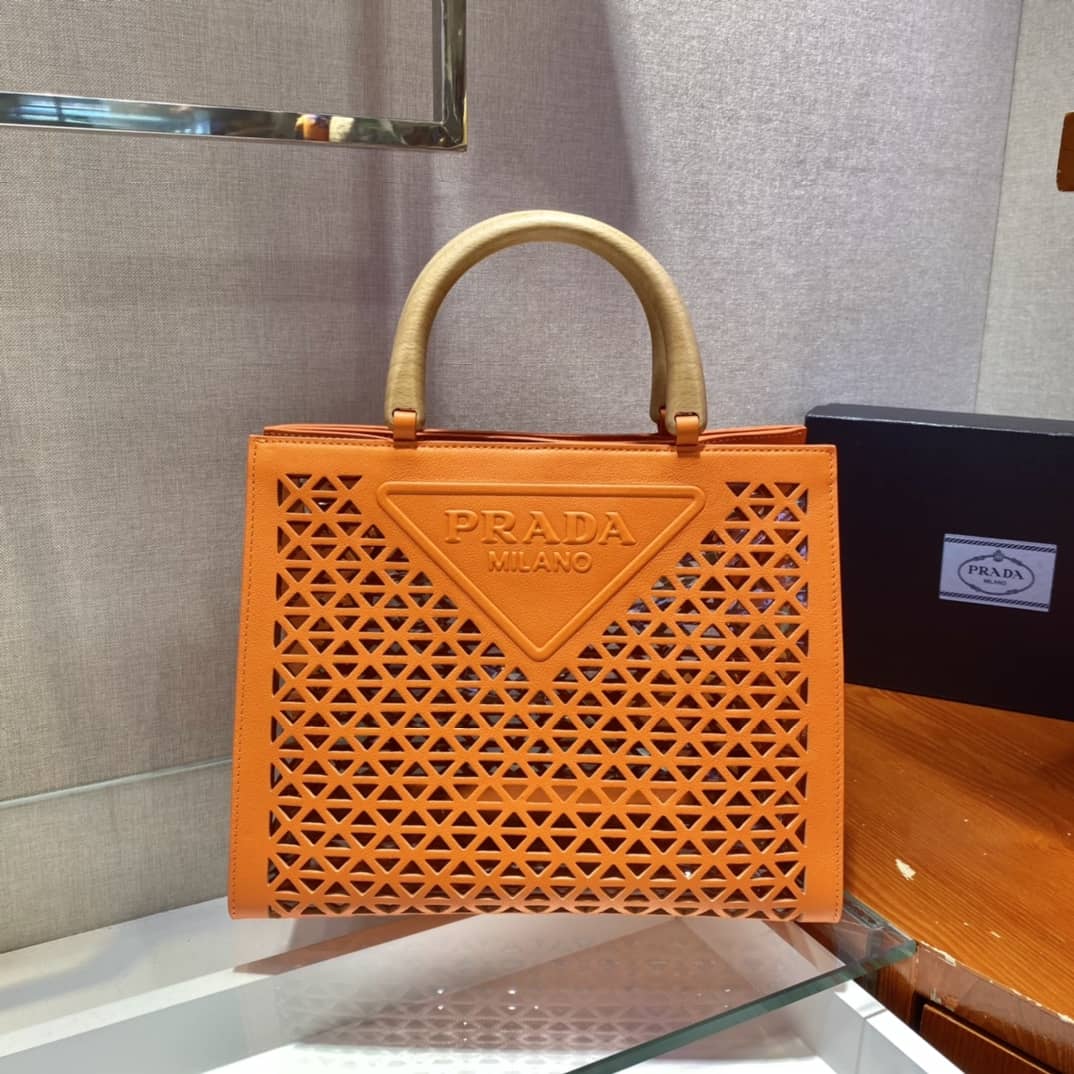 Pra*a Hollow Out Cowhide Leather Beech Tote