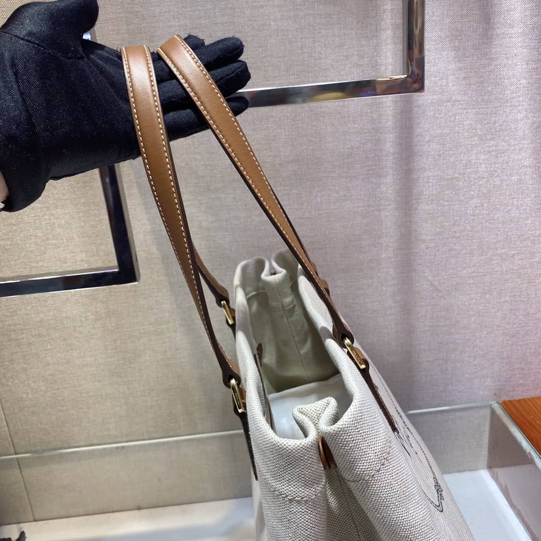 Pra*a Raffia Tote Dupe Small Linen Blend Calf Leather Replica Tote