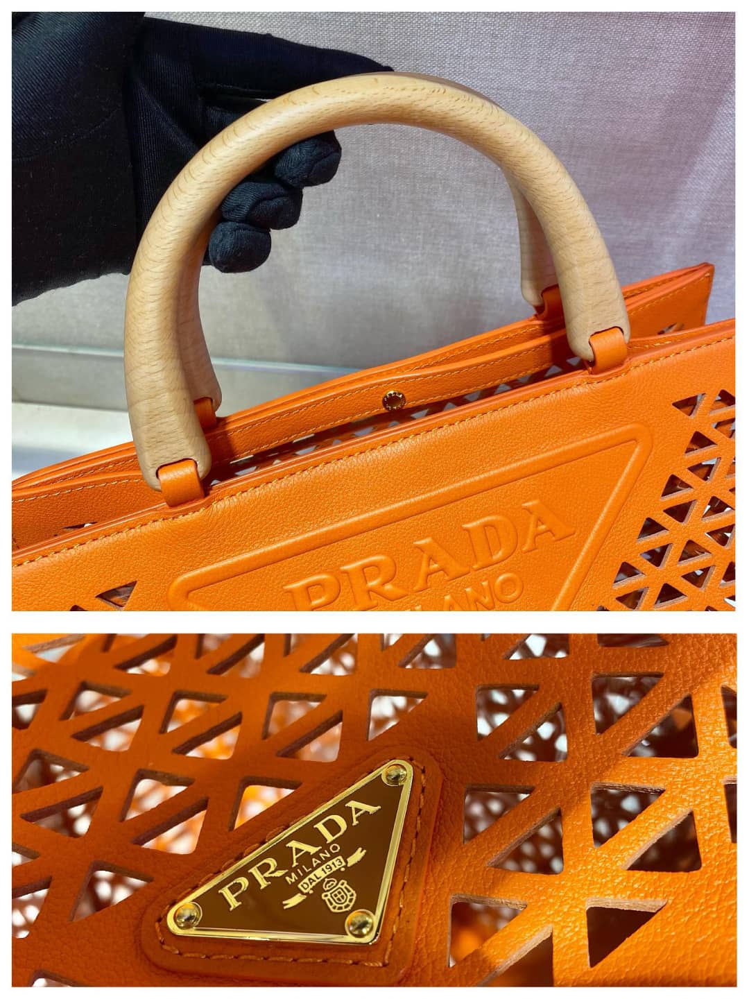 Pra*a Hollow Out Cowhide Leather Beech Tote