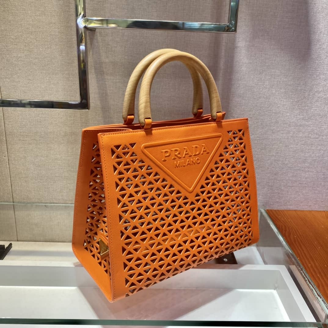 Pra*a Hollow Out Cowhide Leather Beech Tote