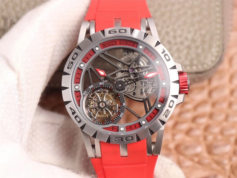 Replica Roger Dubuis Excalibur Spider RDDBEX0572 Hollow Flight Tourbillon 1:1 Best Edition JB Factory Red Strap Swiss RD505SQ