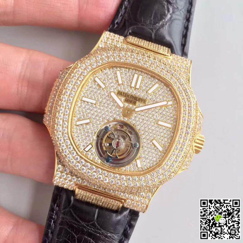 Pat*k Phi1i*pe Replica Nautilus Jumbo Tourbillon 1:1 Best Edition Swiss Tourbillon 18K Yellow Gold D1am0nd Dial