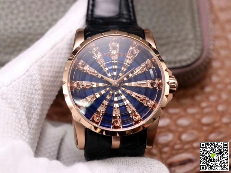 Replica Roger Dubuis Excalibur RDDBEX0684 1:1 Best Edition ZZ Factory Rose Gold Blue Dial Swiss ETA9015
