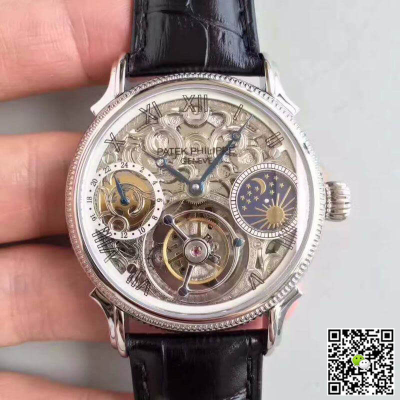 Pat*k Phi1i*pe Replica Tourbillon Moonphase 1:1 Best Edition Swiss Tourbillon Skeleton and White Dial