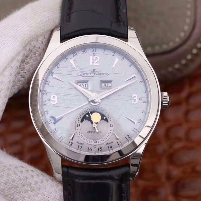Replica Jaeger-LeCoultre Master Calendar 1558420 OM factory 1:1 Best Edition Swiss ETA866 Silver Dial Black calf leather strap