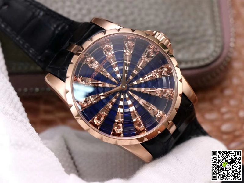 Replica Roger Dubuis Excalibur RDDBEX0684 1:1 Best Edition ZZ Factory Rose Gold Blue Dial Swiss ETA9015