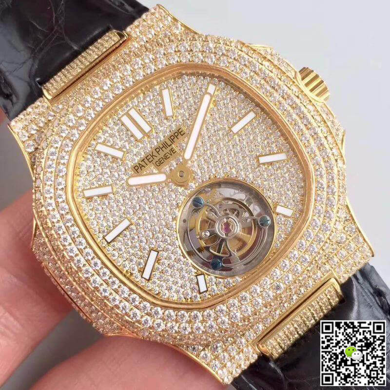 Pat*k Phi1i*pe Replica Nautilus Jumbo Tourbillon 1:1 Best Edition Swiss Tourbillon 18K Yellow Gold D1am0nd Dial