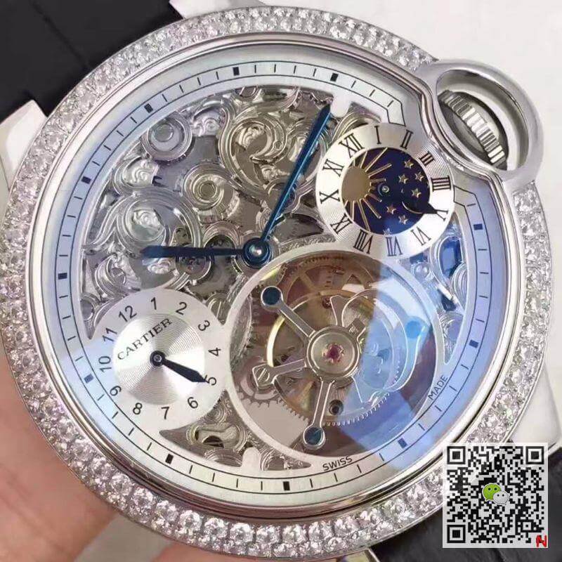 Replica Ballon Bleu De Ca*t1er Tourbillon 1:1 Best Edition Swiss Tourbillon D1am0nds bezel Black Leather Strap