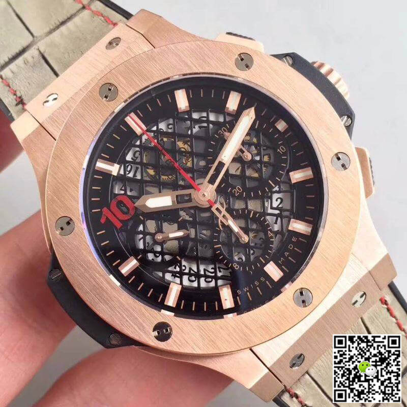 Replica Hublot Big Bang Aero Bang Gold Mechanical Watches 1:1 Best Edition Swiss ETA4100 Black Skeleton Dial