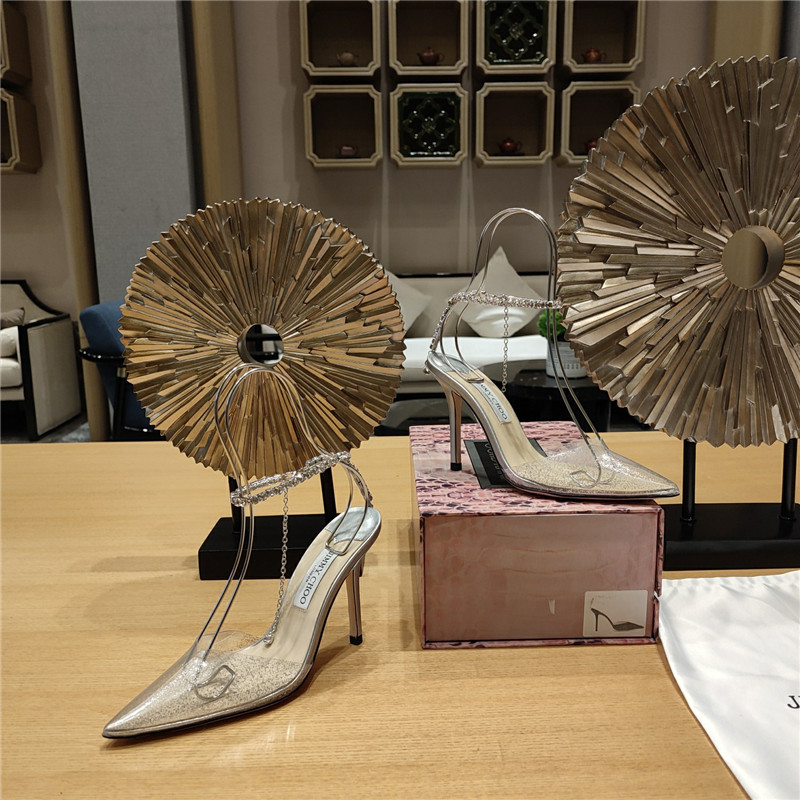 J1m*y Ch00 Crystal Chain Heeled Sandals