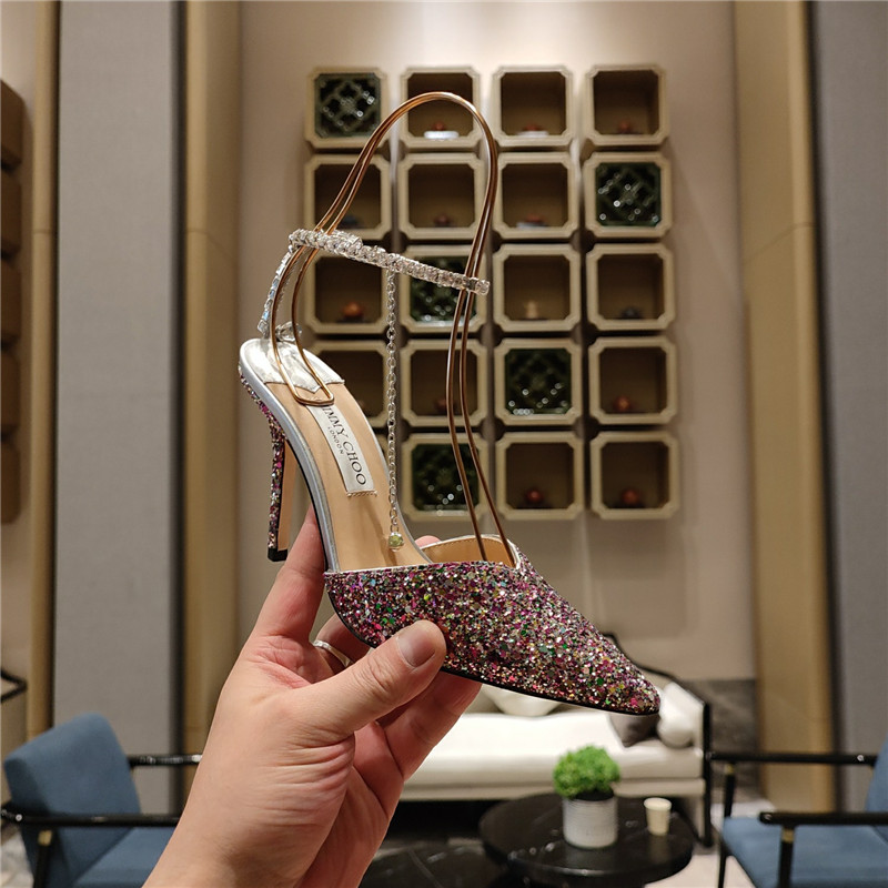 J1m*y Ch00 Crystal Chain Heeled Sandals