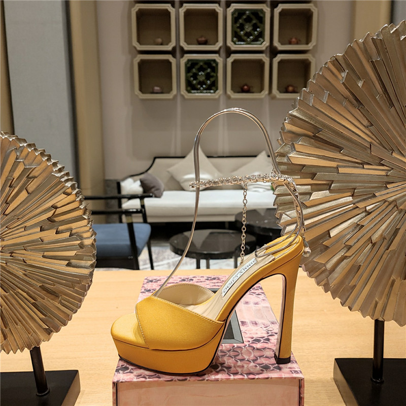 J1m*y Ch00 Crystal Chain Heeled Platform Sandals