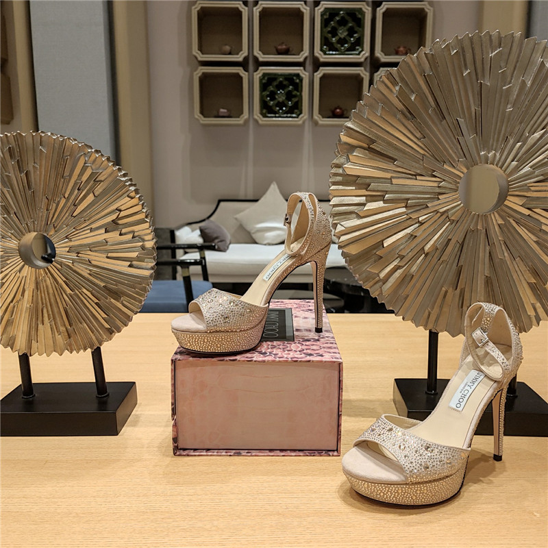 J1m*y Ch00 Crystal Chain Heeled Platform Sandals