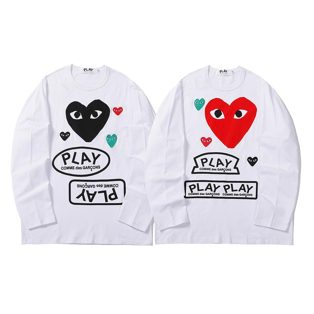 COMME DES GARCONS CDG PLAY Black & Red Hearts Long Sleeve White T SHIRT