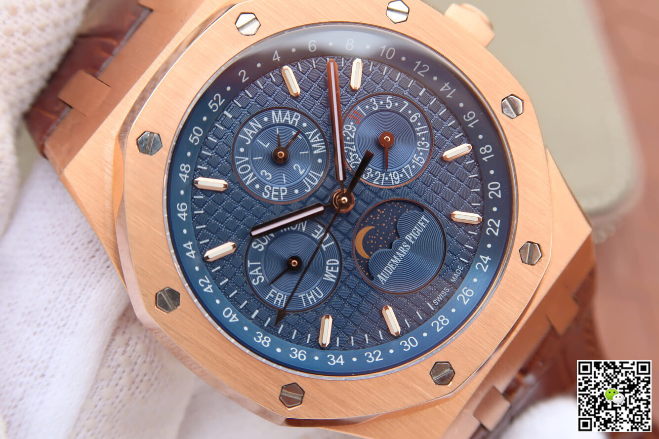 Replica Audemars P1g*et Royal Oak Perpetual Calendar 26574 1:1 Best Edition JF Factory Rose Gold Blue Dial