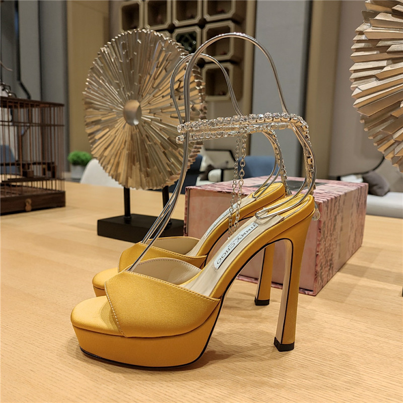 J1m*y Ch00 Crystal Chain Heeled Platform Sandals