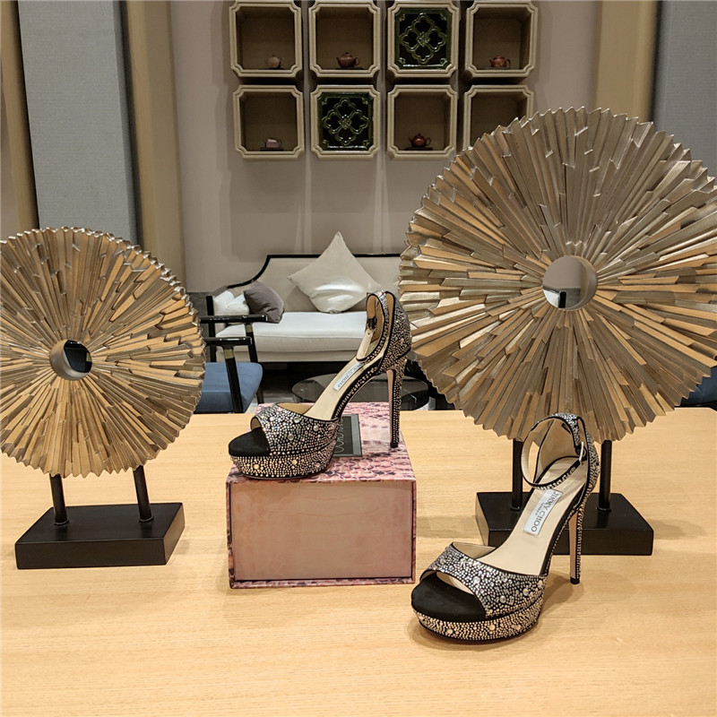 J1m*y Ch00 Crystal Chain Heeled Platform Sandals