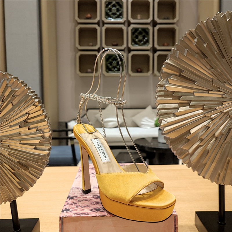 J1m*y Ch00 Crystal Chain Heeled Platform Sandals