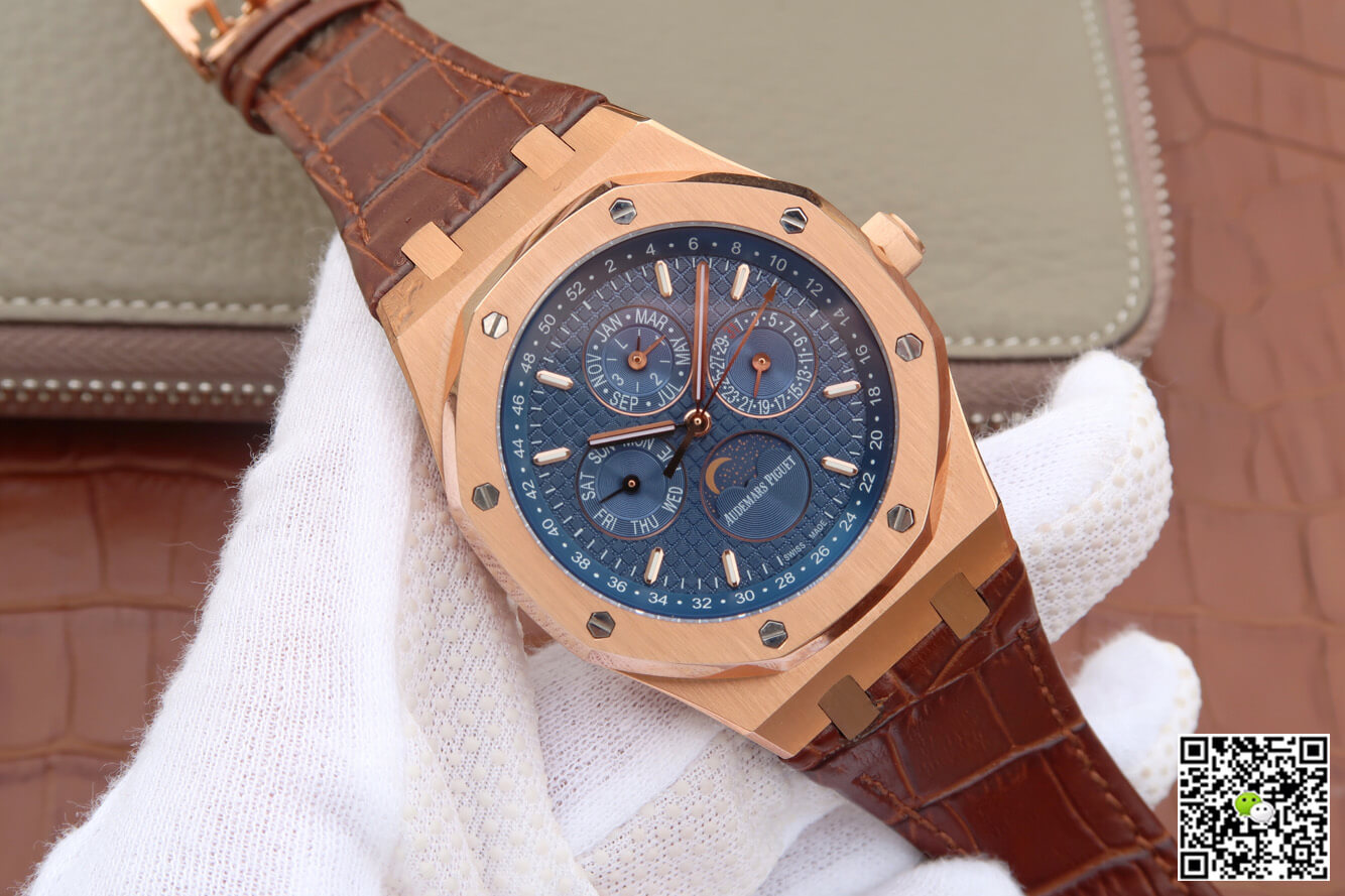 Replica Audemars P1g*et Royal Oak Perpetual Calendar 26574 1:1 Best Edition JF Factory Rose Gold Blue Dial