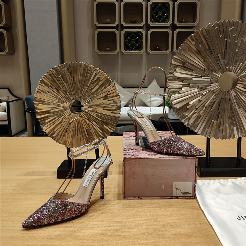 J1m*y Ch00 Crystal Chain Heeled Sandals