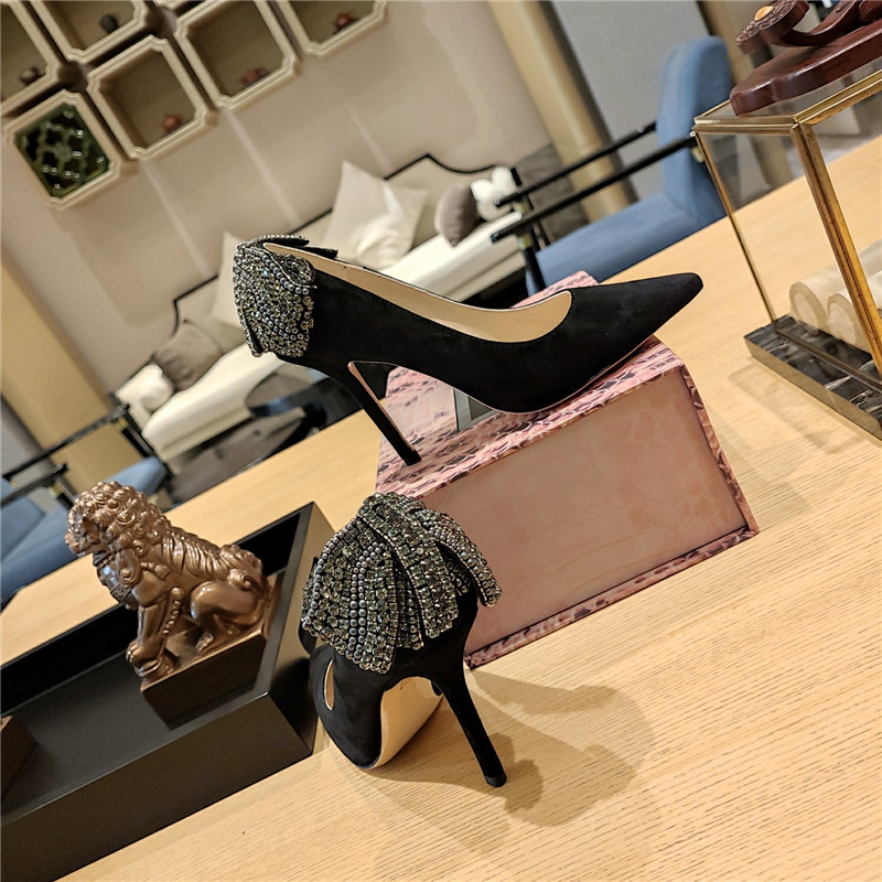 J1m*y Ch00 bow heels dupe Pearl Crystal Bow D1am0nd Shoes