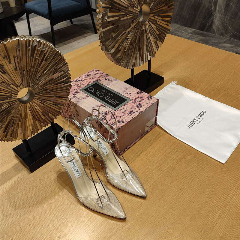 J1m*y Ch00 Crystal Chain Heeled Sandals