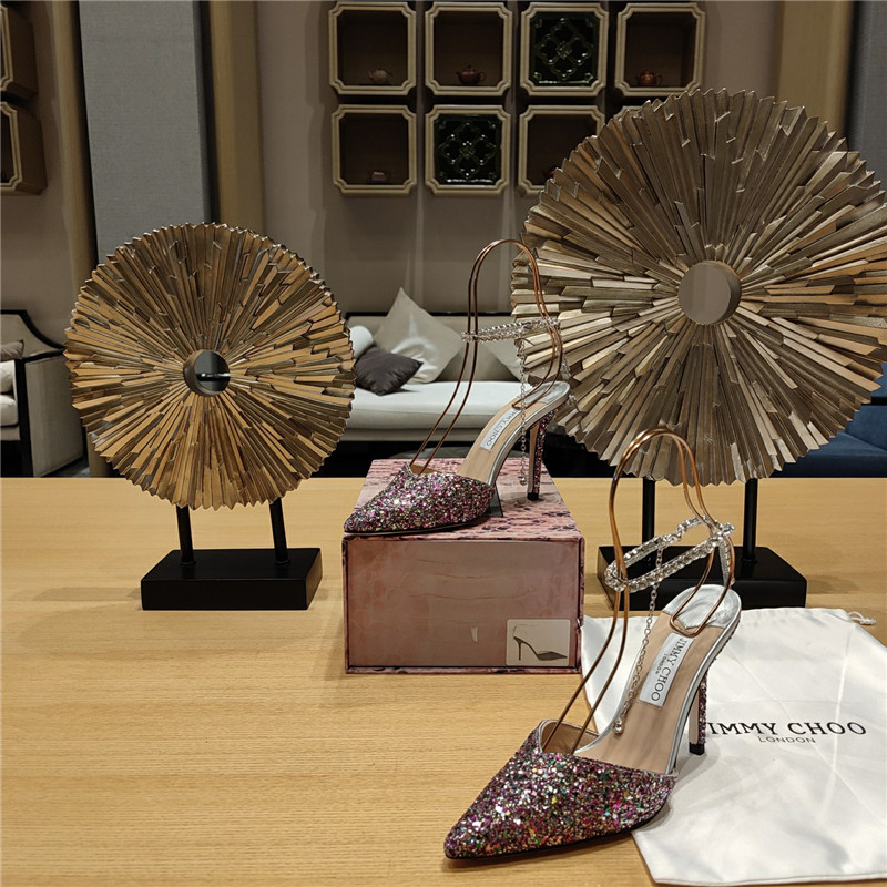 J1m*y Ch00 Crystal Chain Heeled Sandals