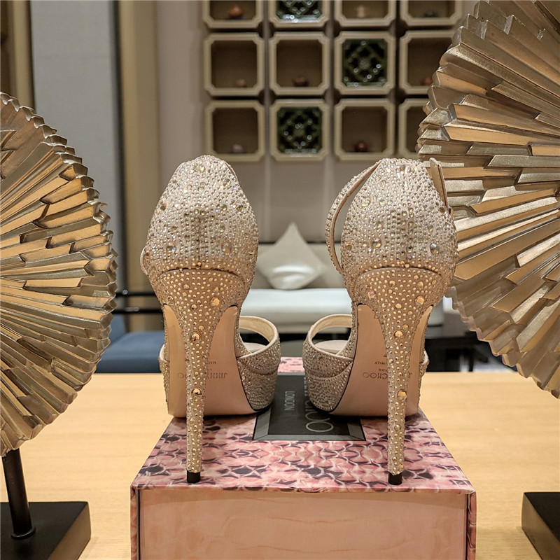 J1m*y Ch00 Crystal Chain Heeled Platform Sandals