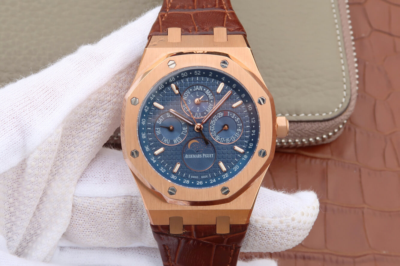 Replica Audemars P1g*et Royal Oak Perpetual Calendar 26574 1:1 Best Edition JF Factory Rose Gold Blue Dial