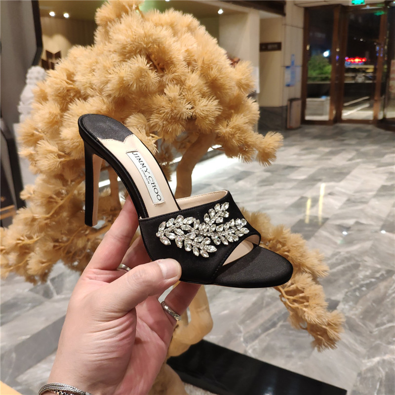 J1m*y Ch00 high heel fishmouth satin sandals