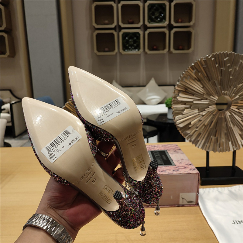 J1m*y Ch00 Crystal Chain Heeled Sandals