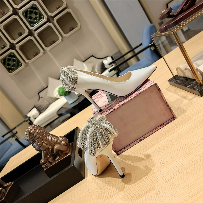 J1m*y Ch00 bow heels dupe Pearl Crystal Bow D1am0nd Shoes