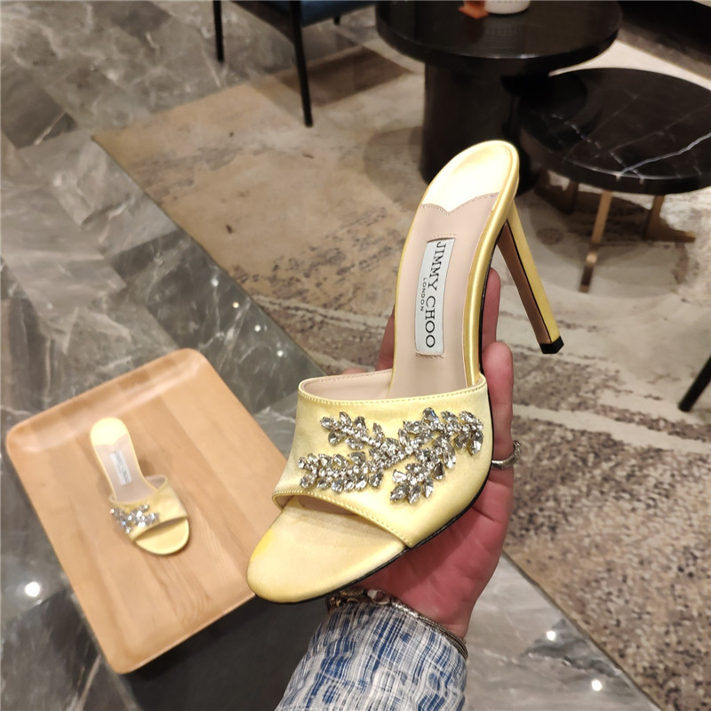 J1m*y Ch00 high heel fishmouth satin sandals