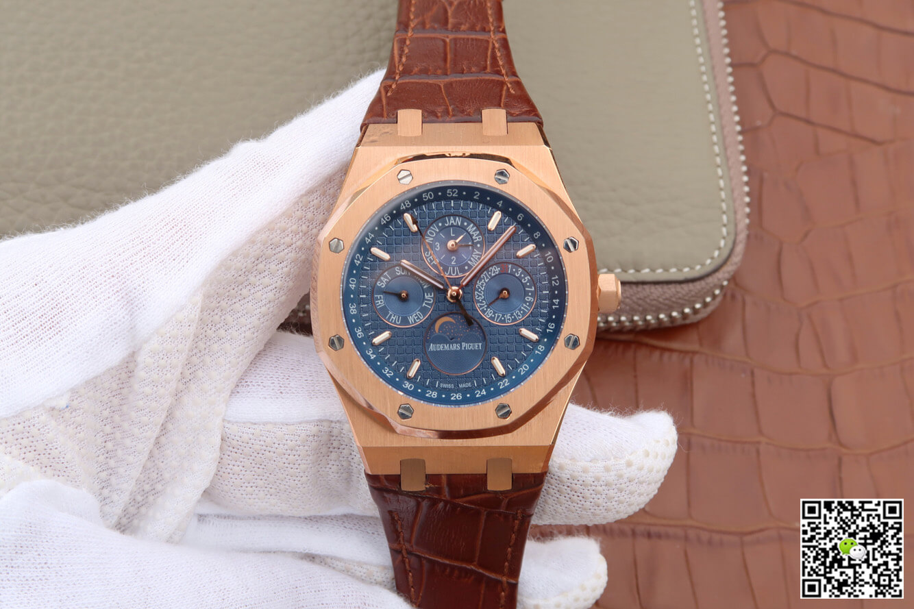 Replica Audemars P1g*et Royal Oak Perpetual Calendar 26574 1:1 Best Edition JF Factory Rose Gold Blue Dial