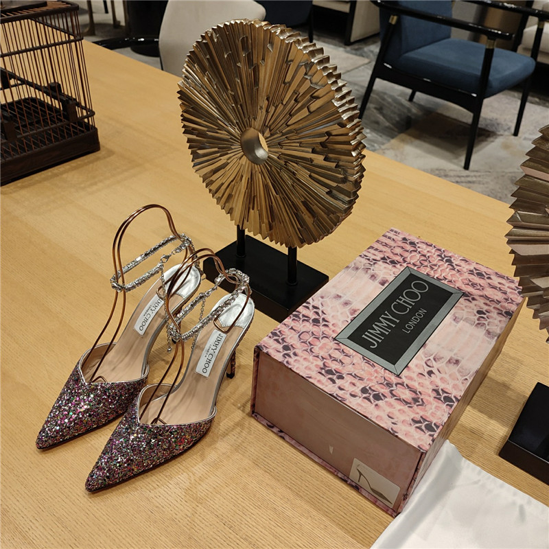 J1m*y Ch00 Crystal Chain Heeled Sandals