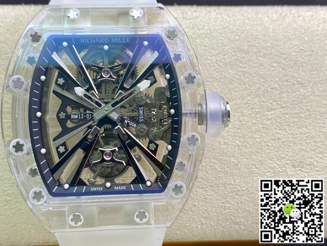 Replica Richard Mille RM12-01 1:1 Best Edition RM Factory Tourbillon Transparent Version White Strap